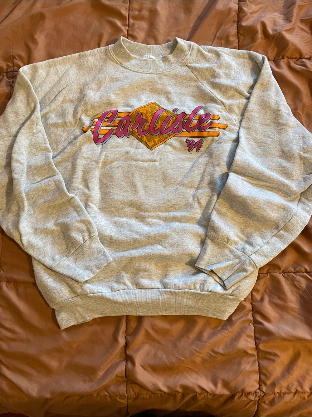Fruit of the Loom Gray Sweatshirt with Pink and Yellow Graphic